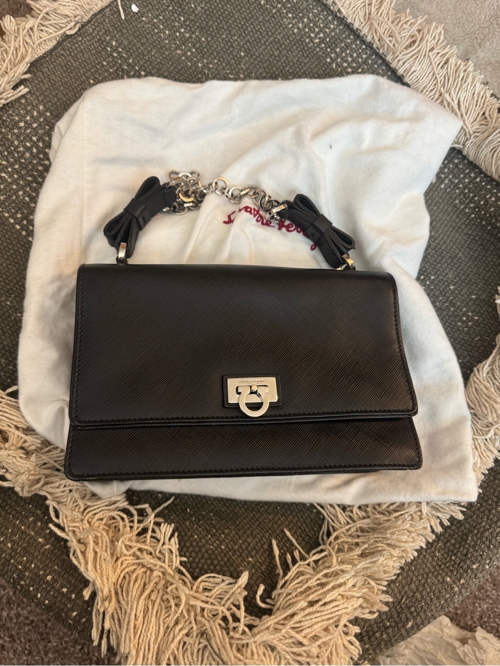 Ferragamo Giancini Black Leather Chain-Handle Shoulder Bag